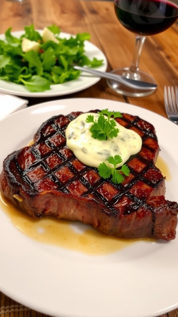 Savory Steak Gorgonzola Recipe Plated medium-rare steak with Gorgonzola sauce and parsley on a wooden table with red wine.